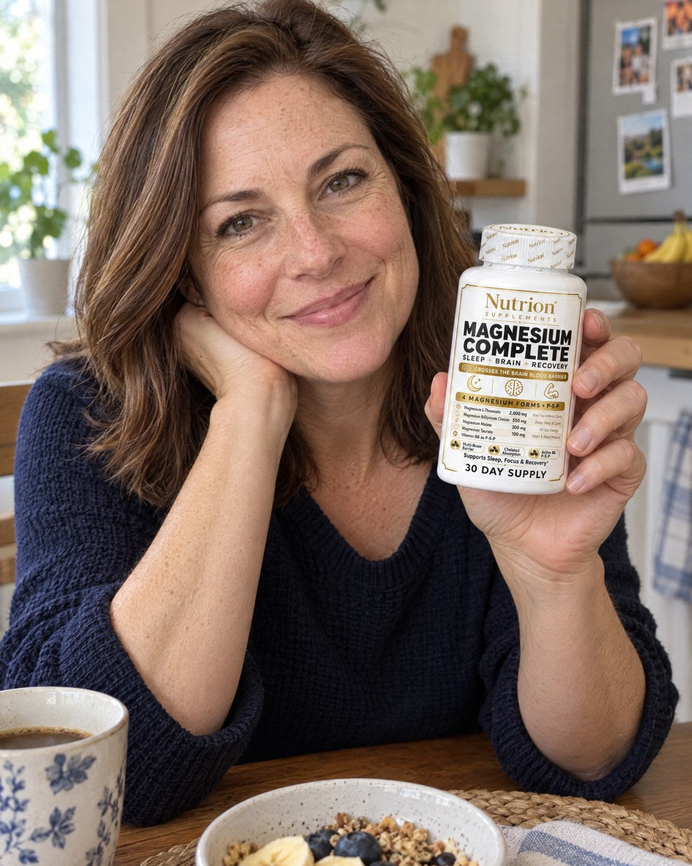 Woman with Nutrion Magnesium Complete at home