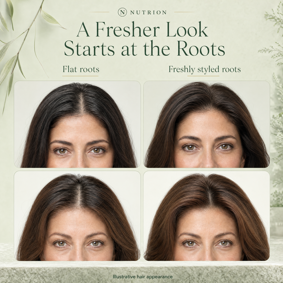 Illustrative hair appearance — flat roots and freshly styled roots