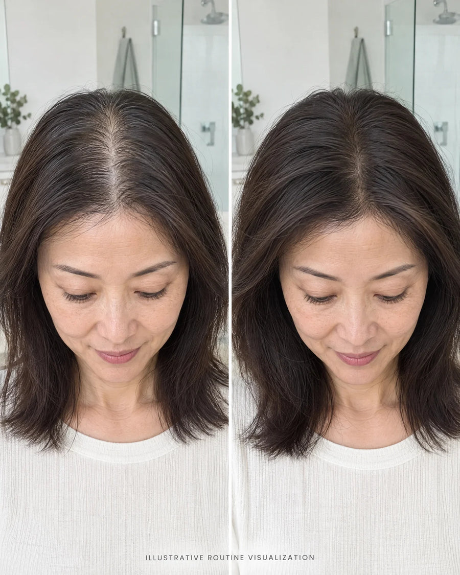 Before and after: straight dark hair, part line looks fuller (illustrative routine visualization)