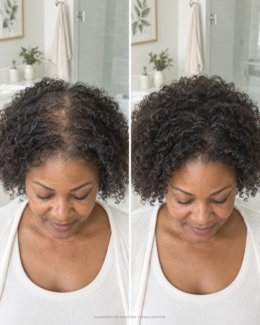 Before and after: curly grey-streaked hair, crown looks fuller (illustrative routine visualization)