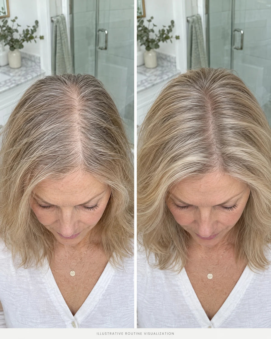 Before and after: blonde hair, part line looks fuller (illustrative routine visualization)