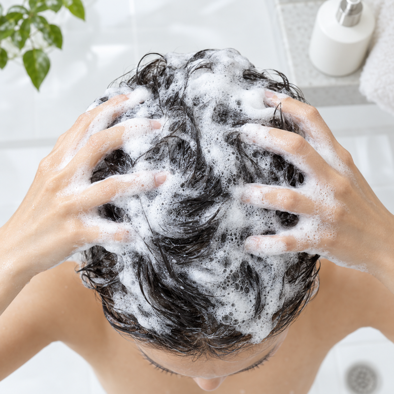 Massaging lather into the scalp